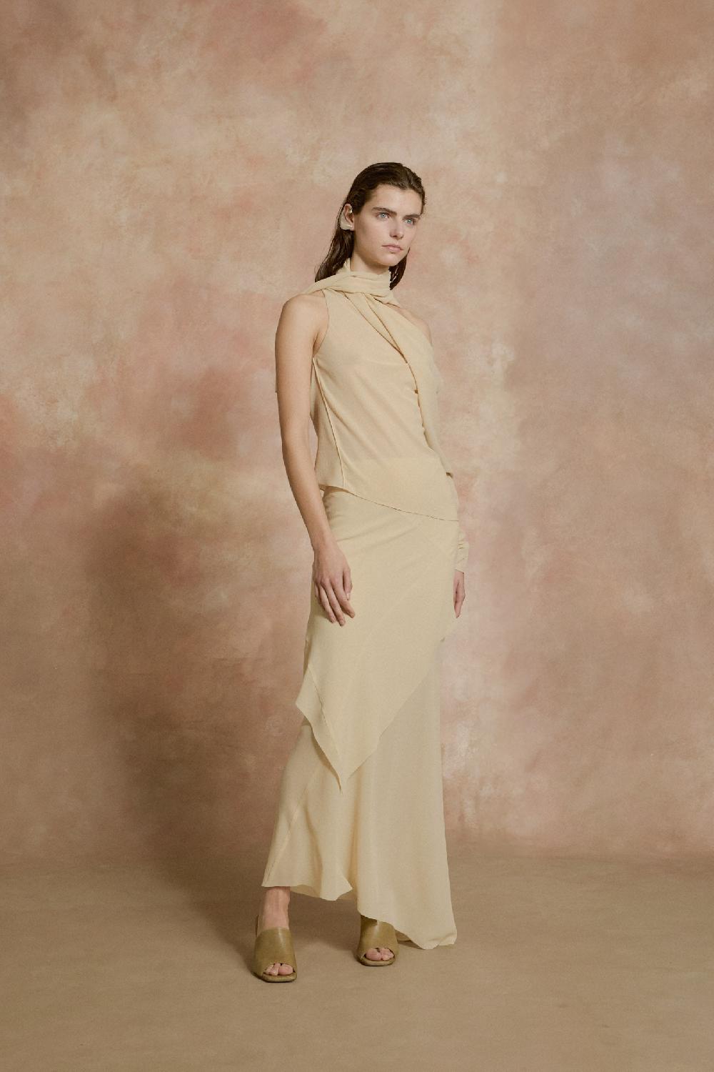 Cortana Dora Falda Larga En Georgette De Seda Beige