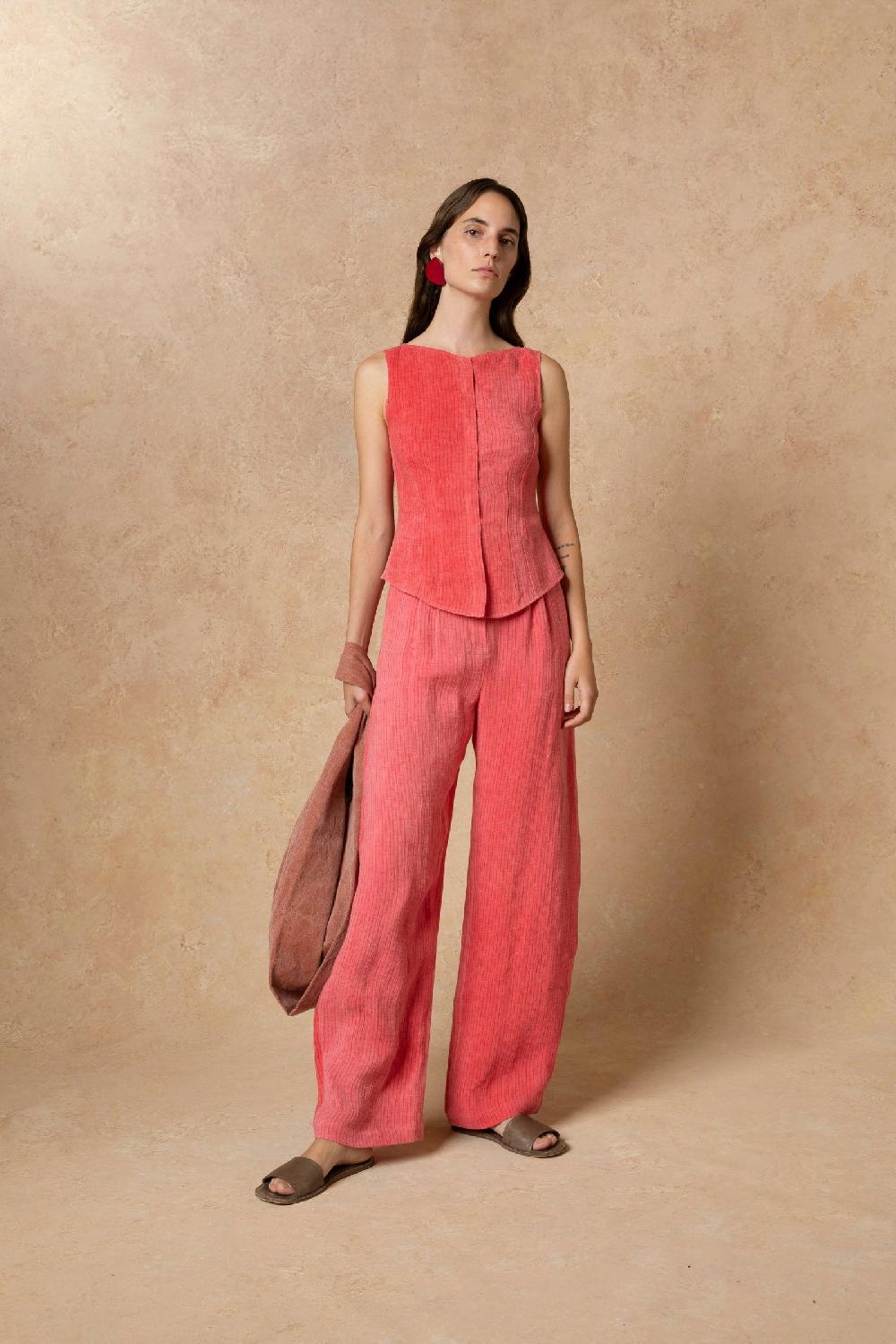 Cortana Lupe Pantalon En Lino Maltinto A Rayas Rosa