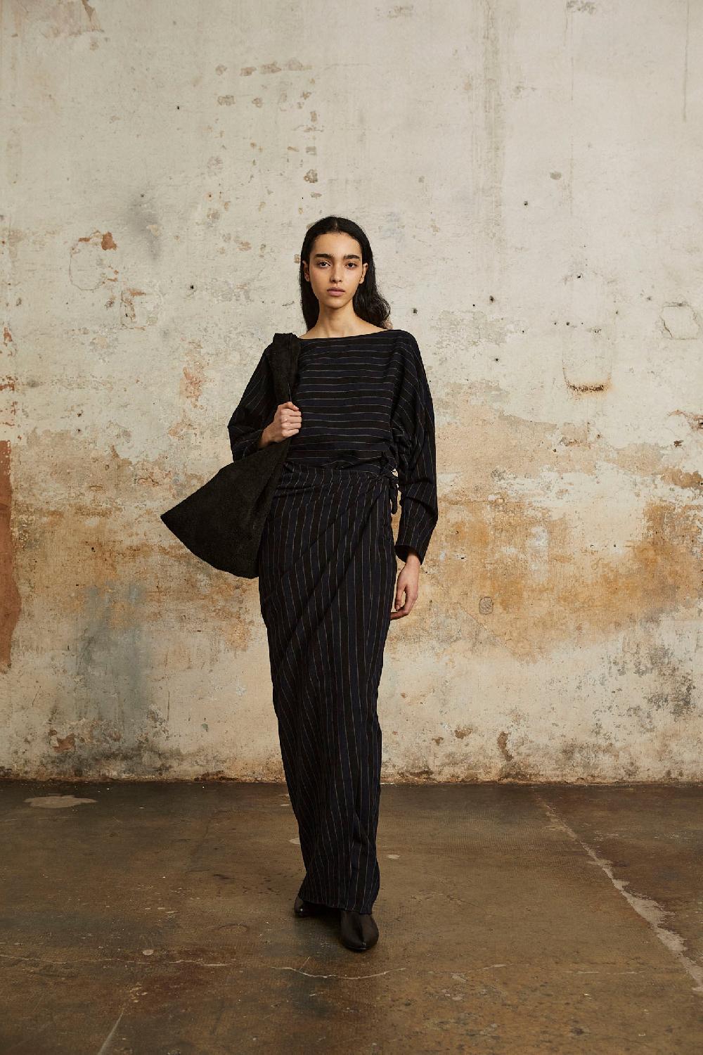 Cortana Marcel Falda A Rayas En Lino Y Lana Virgen Azul