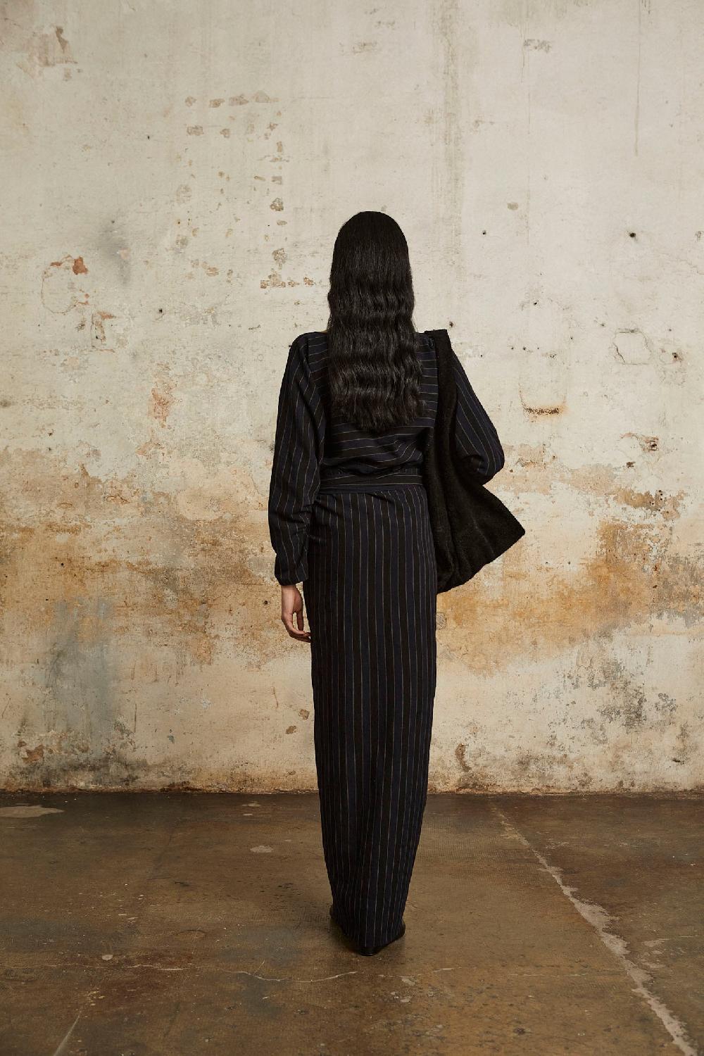 Cortana Marcel Falda A Rayas En Lino Y Lana Virgen Azul