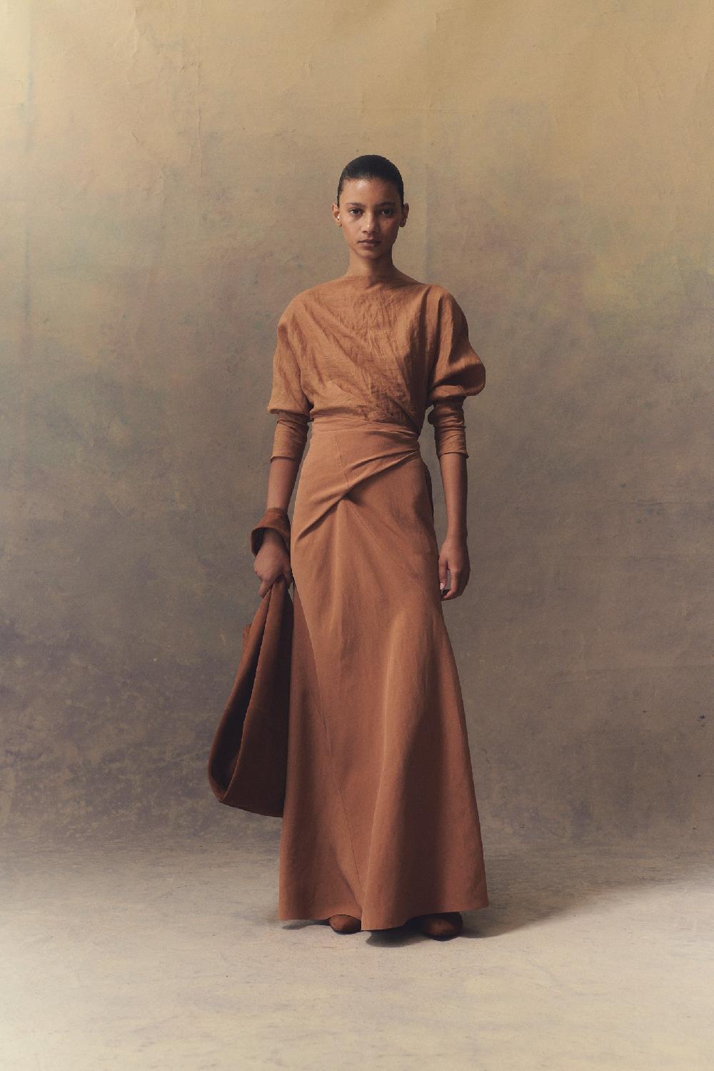 Cortana Tanami Falda Larga En Lino Y Seda Terracota