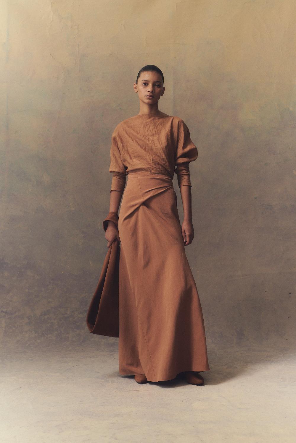 Cortana Tanami Falda Larga En Lino Y Seda Terracota