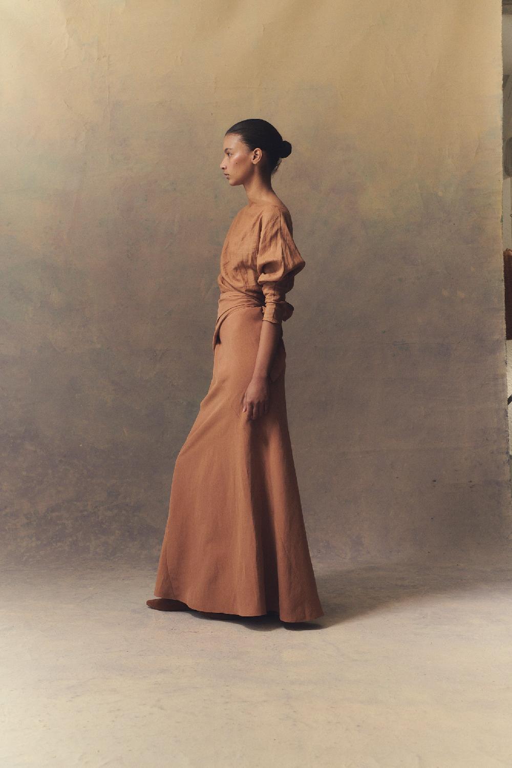 Cortana Tanami Falda Larga En Lino Y Seda Terracota
