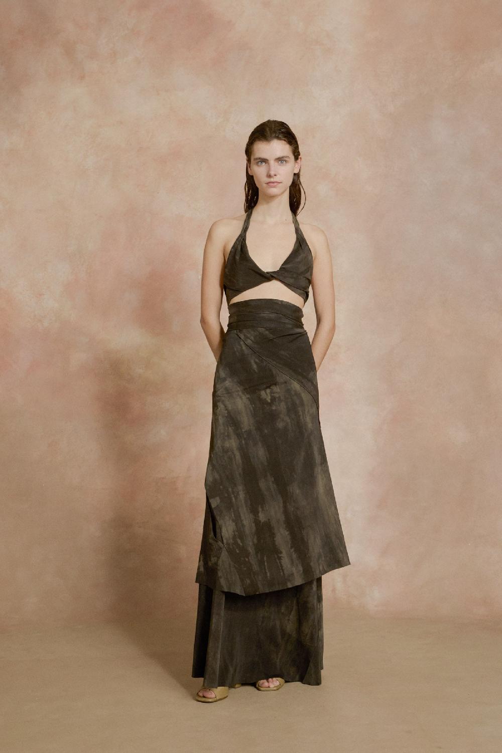 Cortana Tie Top De Seda Stretch Negro Y Verde Maltinto