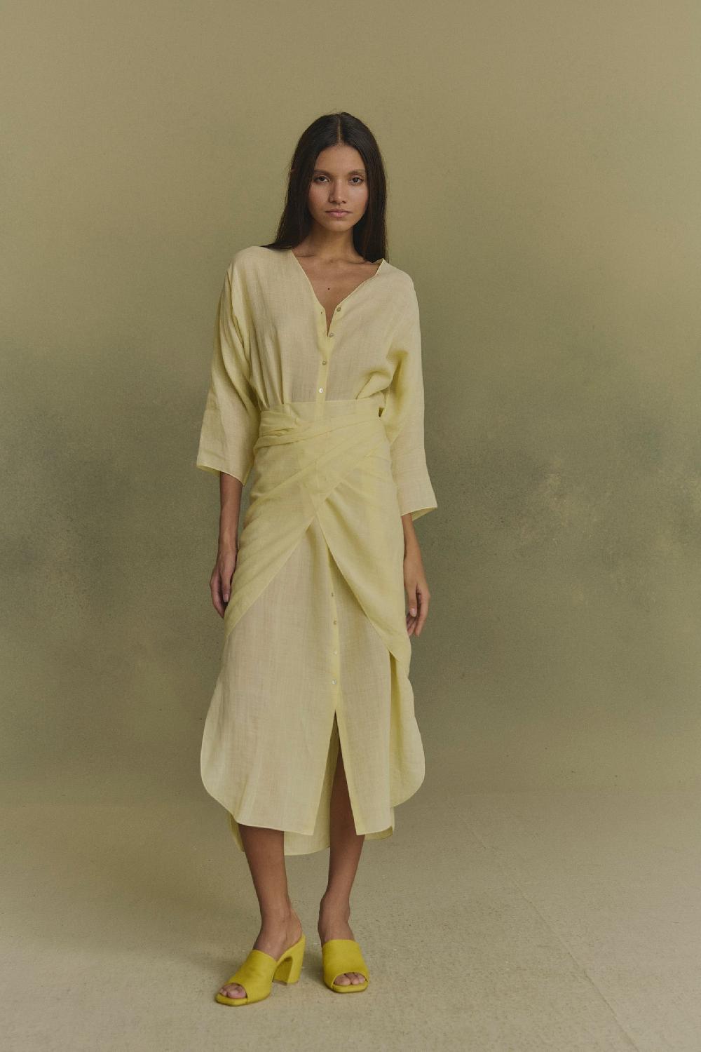 Cortana Tramonto Vestido Midi De Ramio Amarillo Claro