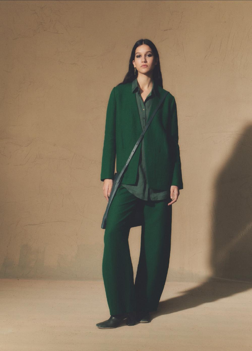 Cortana Viena Chaqueta En Lino Y Lana Virgen Verde Esmeralda