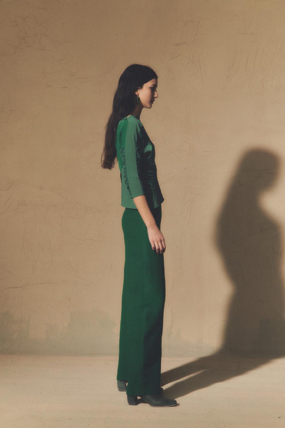 Cortana Viena Pantalón En Lino Y Lana Virgen Verde Esmeralda