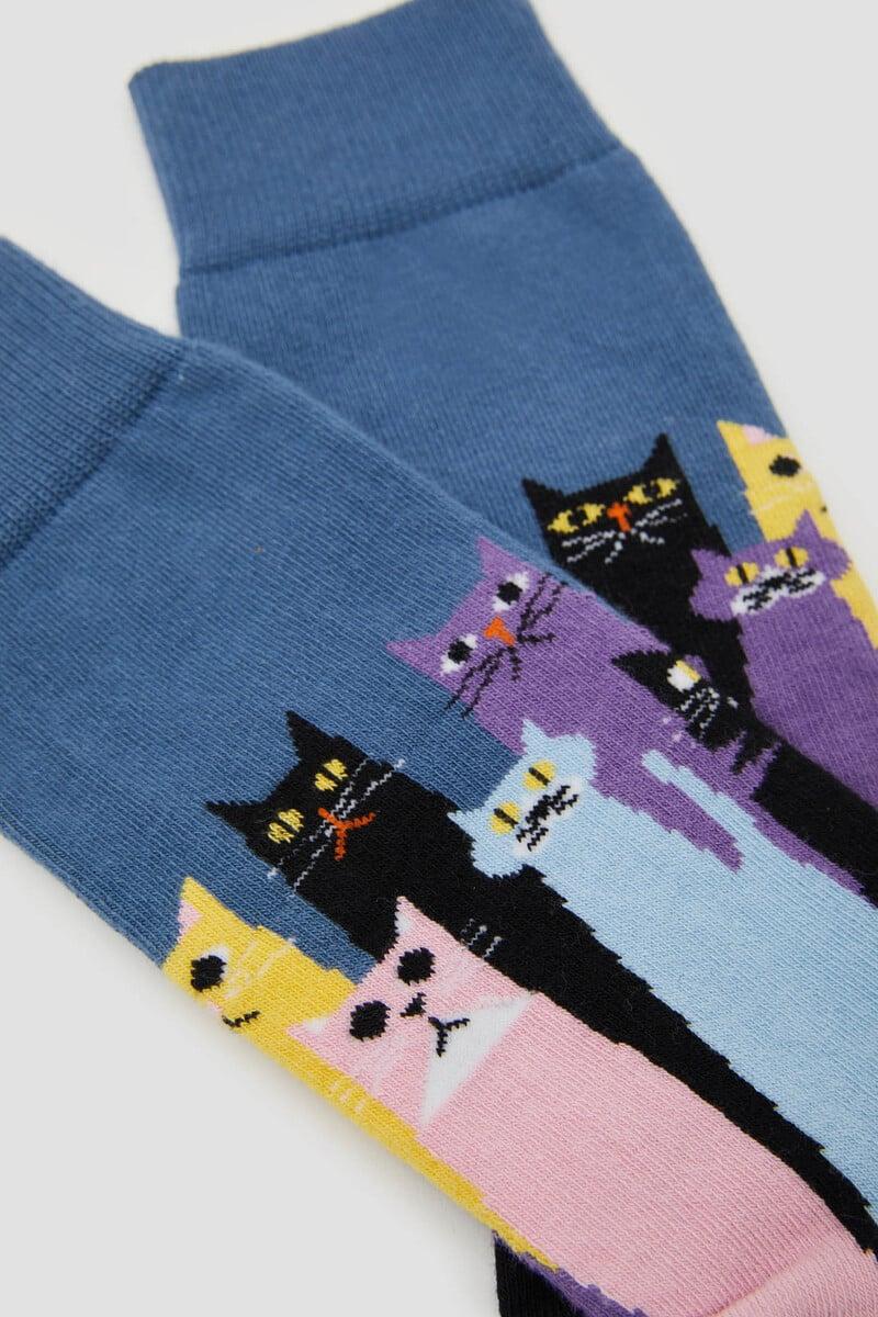 Cortefiel Calcetines Altos Besocks De Gatos De Algodón Orgánico Color Azul