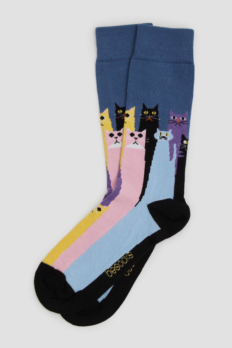 Cortefiel Calcetines altos Besocks de gatos de algodón orgánico color azul