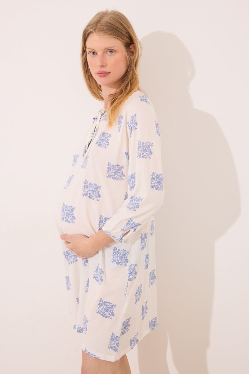 Cortefiel Camisón Corto "maternity" Blanco Estampado Boho