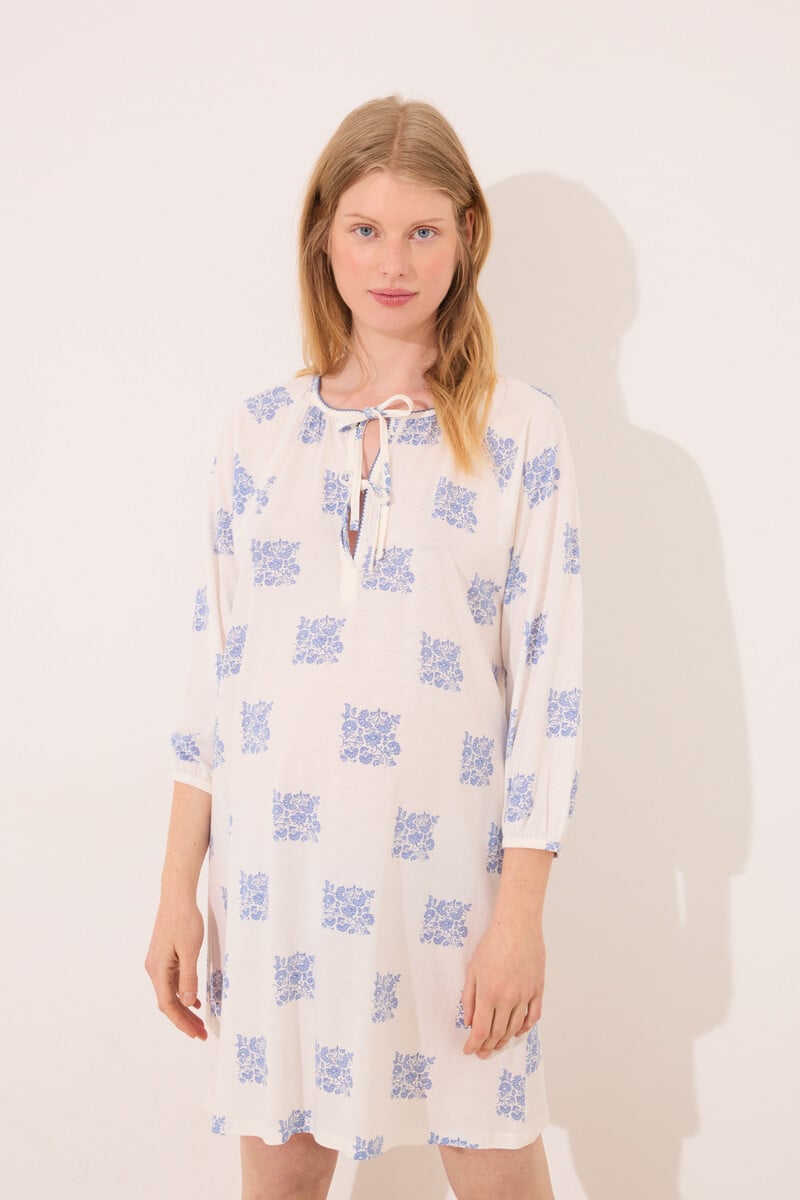 Cortefiel Camisón Corto "maternity" Blanco Estampado Boho