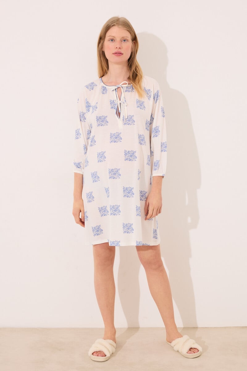 Cortefiel Camisón Corto "maternity" Blanco Estampado Boho