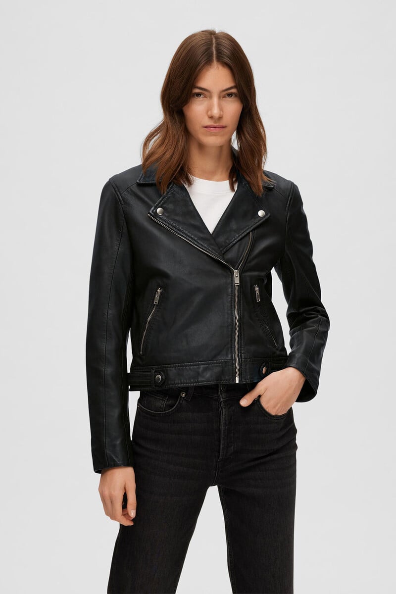Cortefiel Cazadora Biker Cropped 100% Piel De Cordero