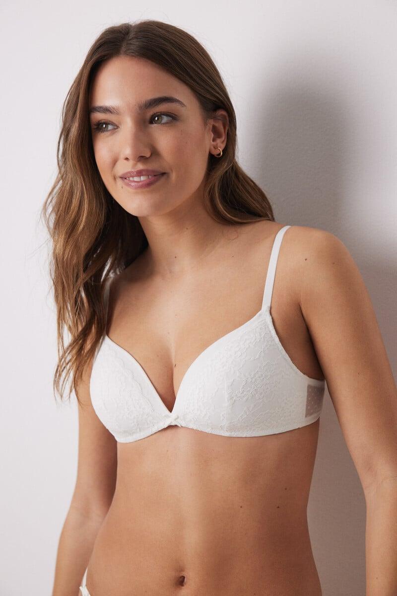 Cortefiel CHARMING Sujetador Triangular Relleno Sin Aro Encaje Tul Plumeti Marfil