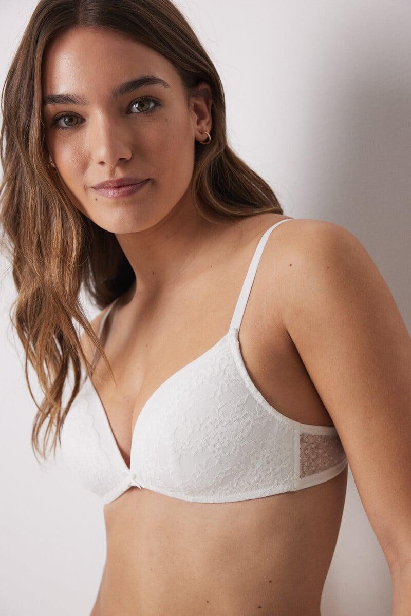 Cortefiel CHARMING Sujetador Triangular Relleno Sin Aro Encaje Tul Plumeti Marfil