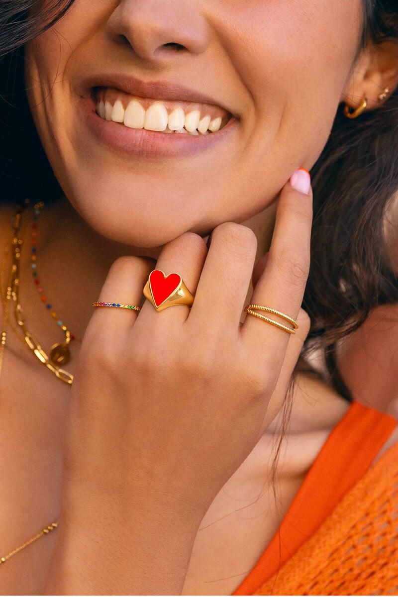 Cortefiel Anillo Lovely Heart Red Enamel Baño Oro