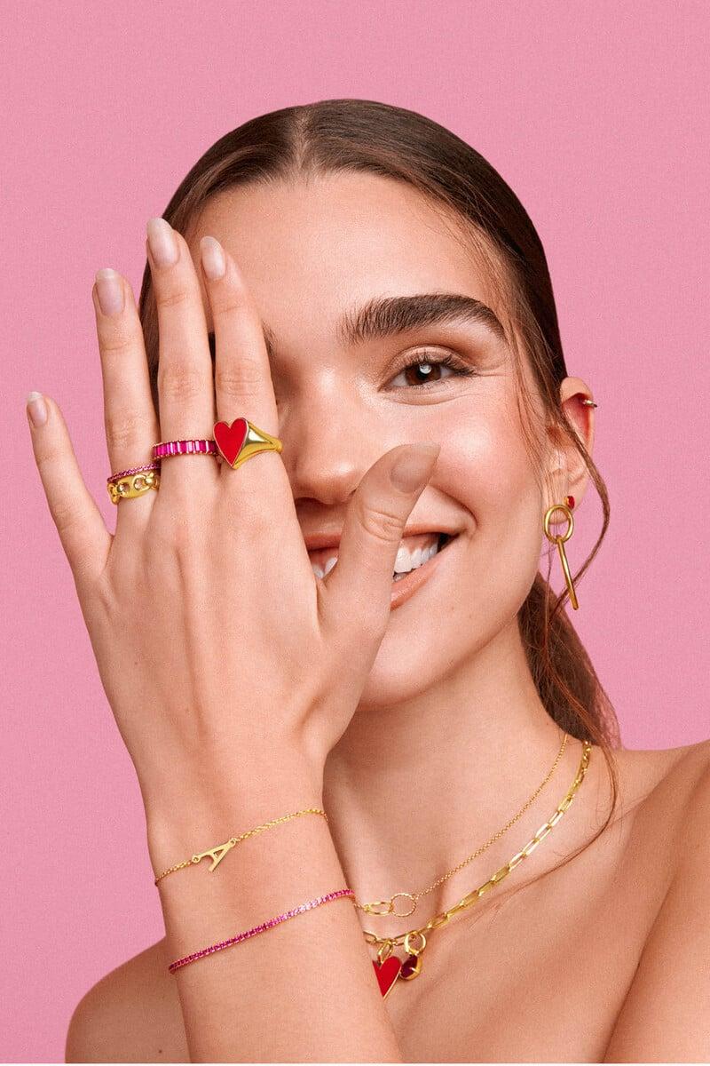 Cortefiel Anillo Lovely Heart Red Enamel Baño Oro