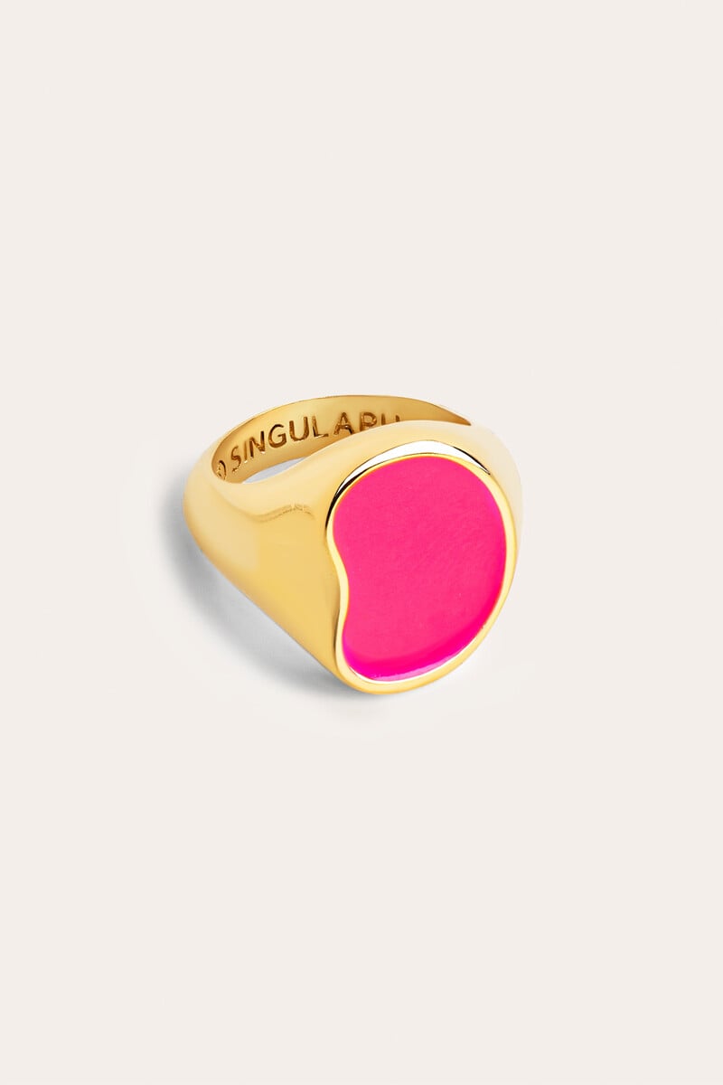 Cortefiel Anillo Signet Bean Neon Pink Enamel Oro
