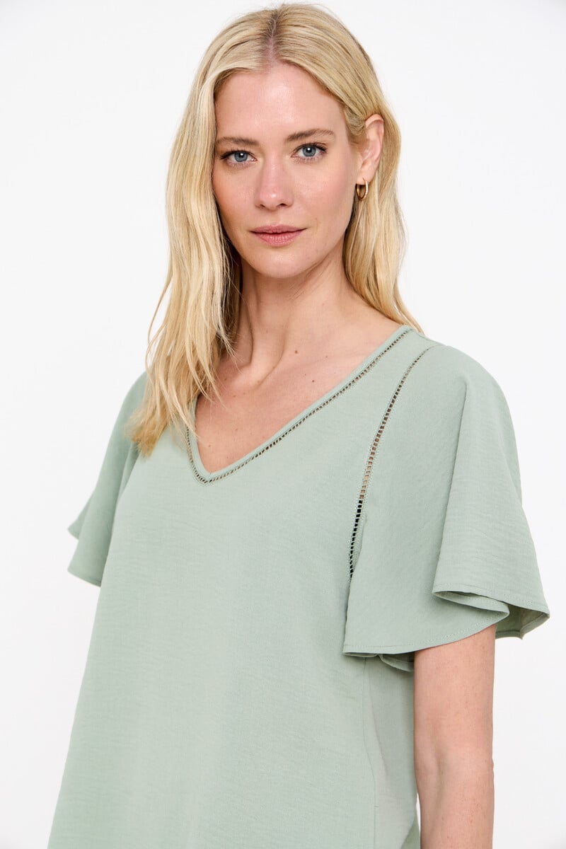 Cortefiel Blusa Escote Pico Detalle Encaje