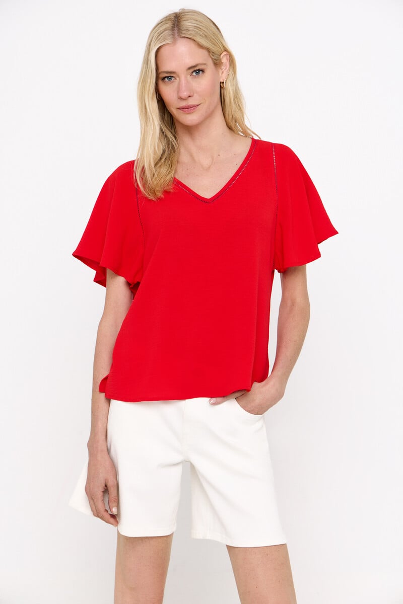 Cortefiel Blusa Escote Pico Detalle Encaje