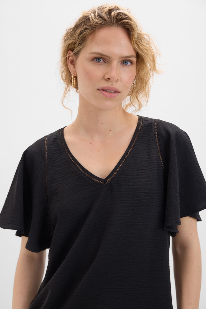 Cortefiel Blusa Escote Pico Detalle Encaje