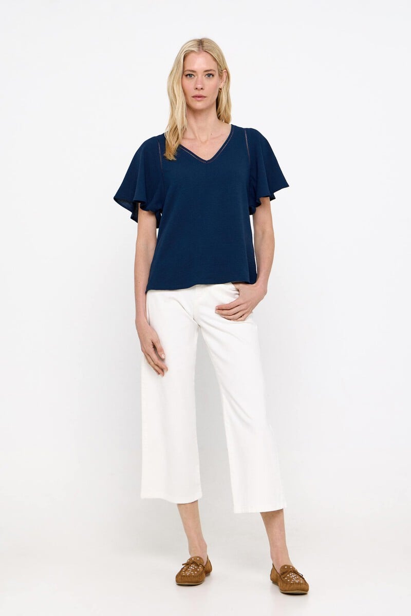 Cortefiel Blusa Escote Pico Detalle Encaje