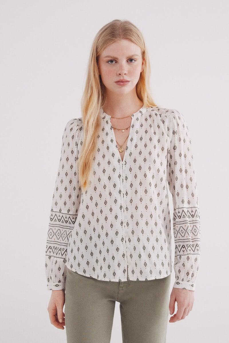 Cortefiel Blusa estampada bordados mangas