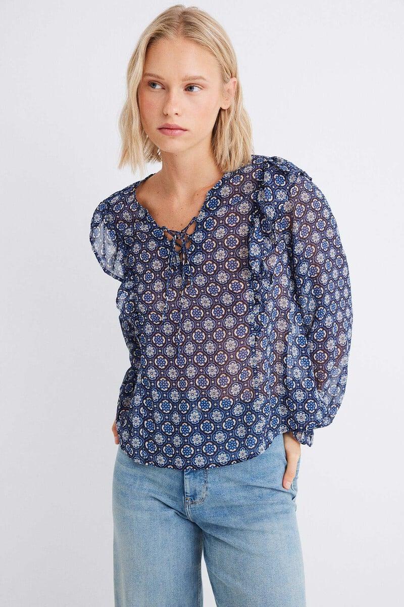 Cortefiel Blusa Gasa Volantes Estampada