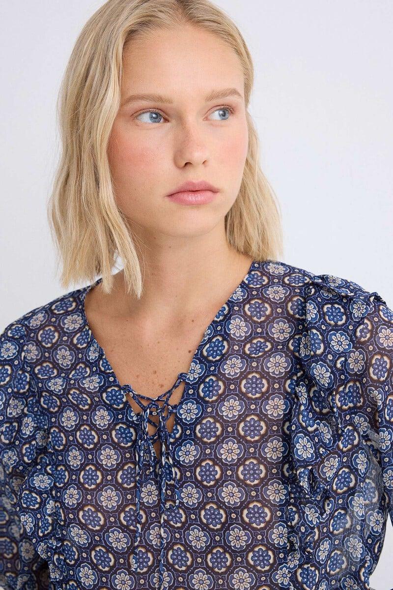 Cortefiel Blusa Gasa Volantes Estampada