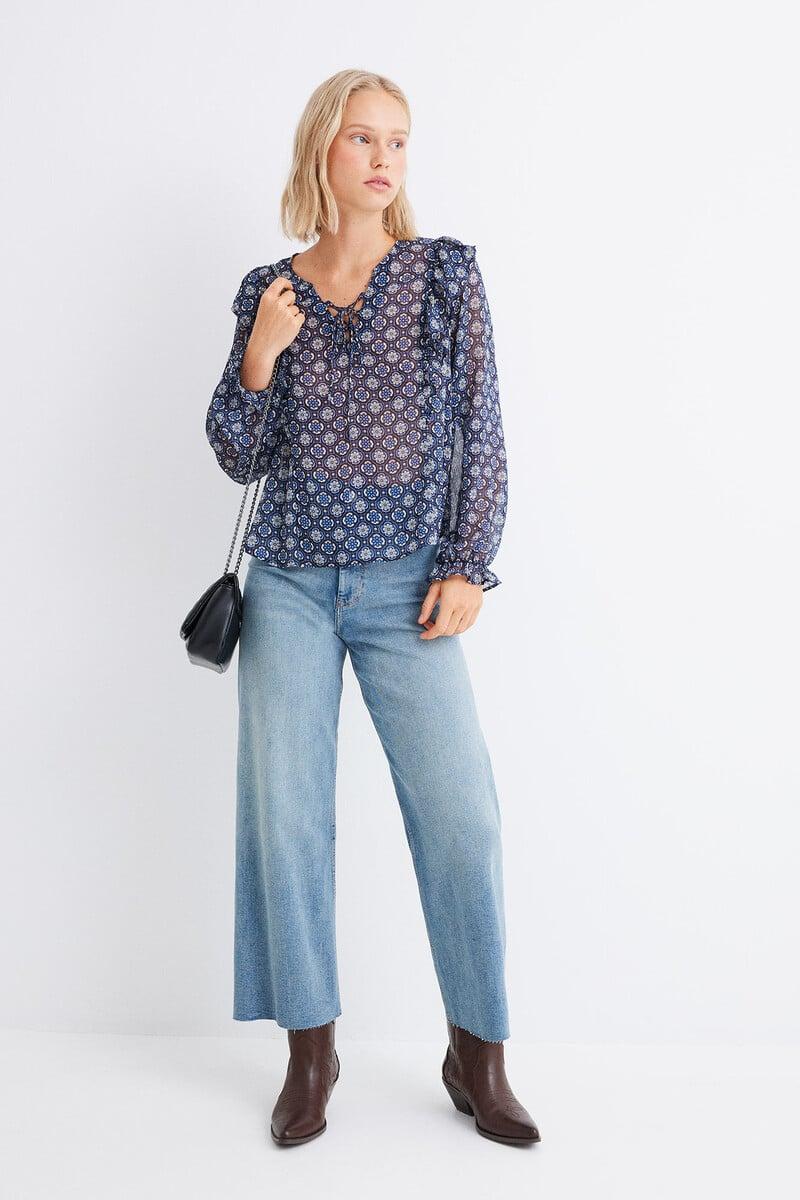 Cortefiel Blusa gasa volantes estampada