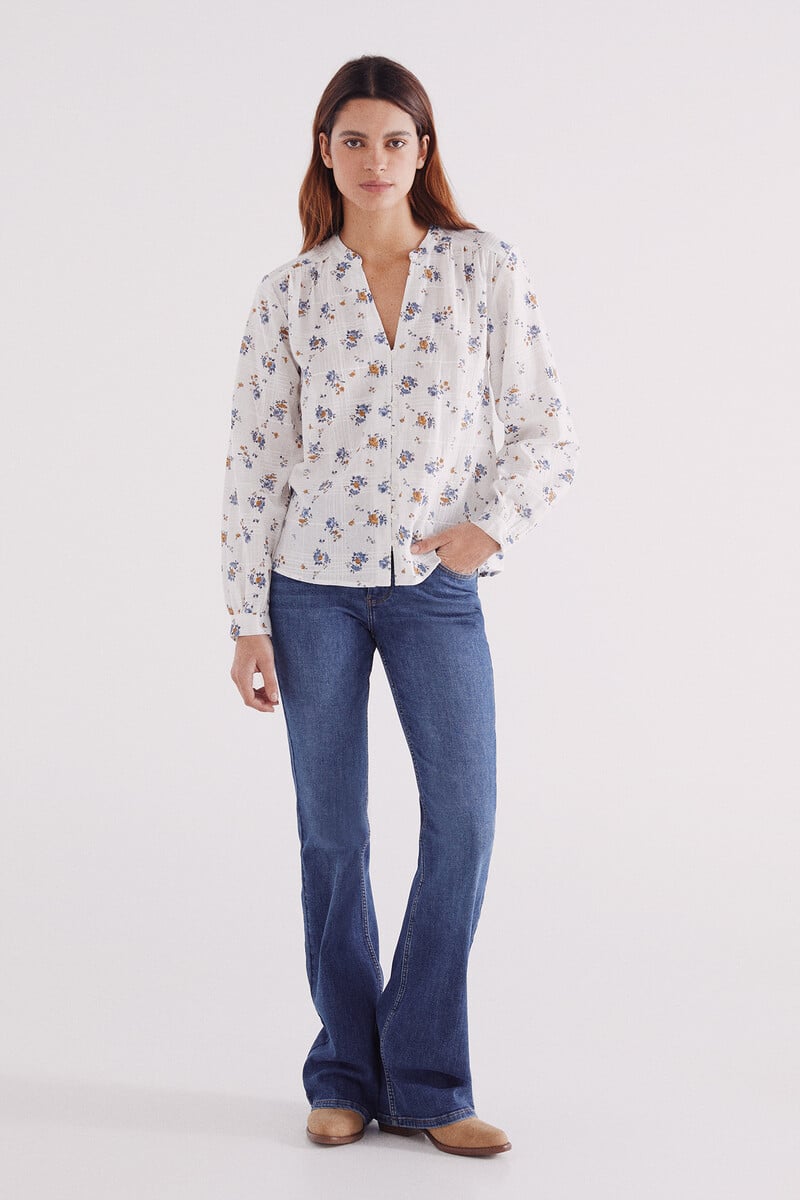 Cortefiel Blusa Rústica Algodón Flores
