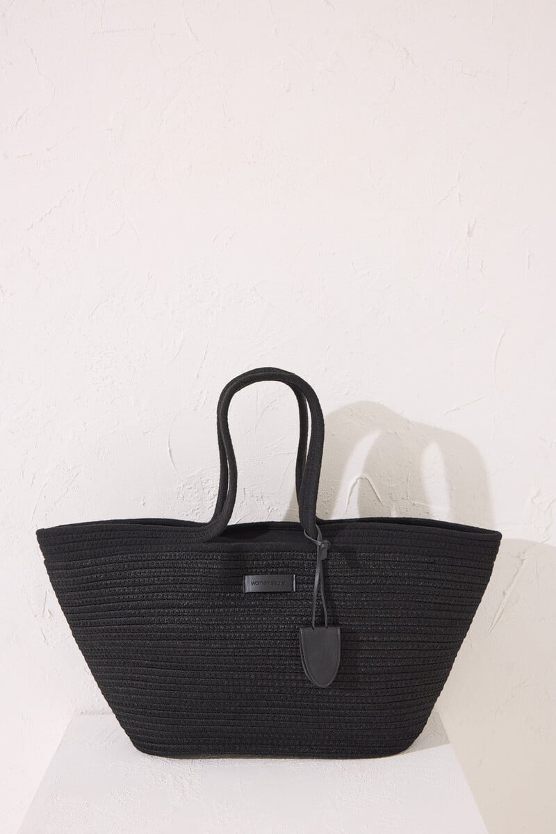 Cortefiel Bolso capazo negro rafia