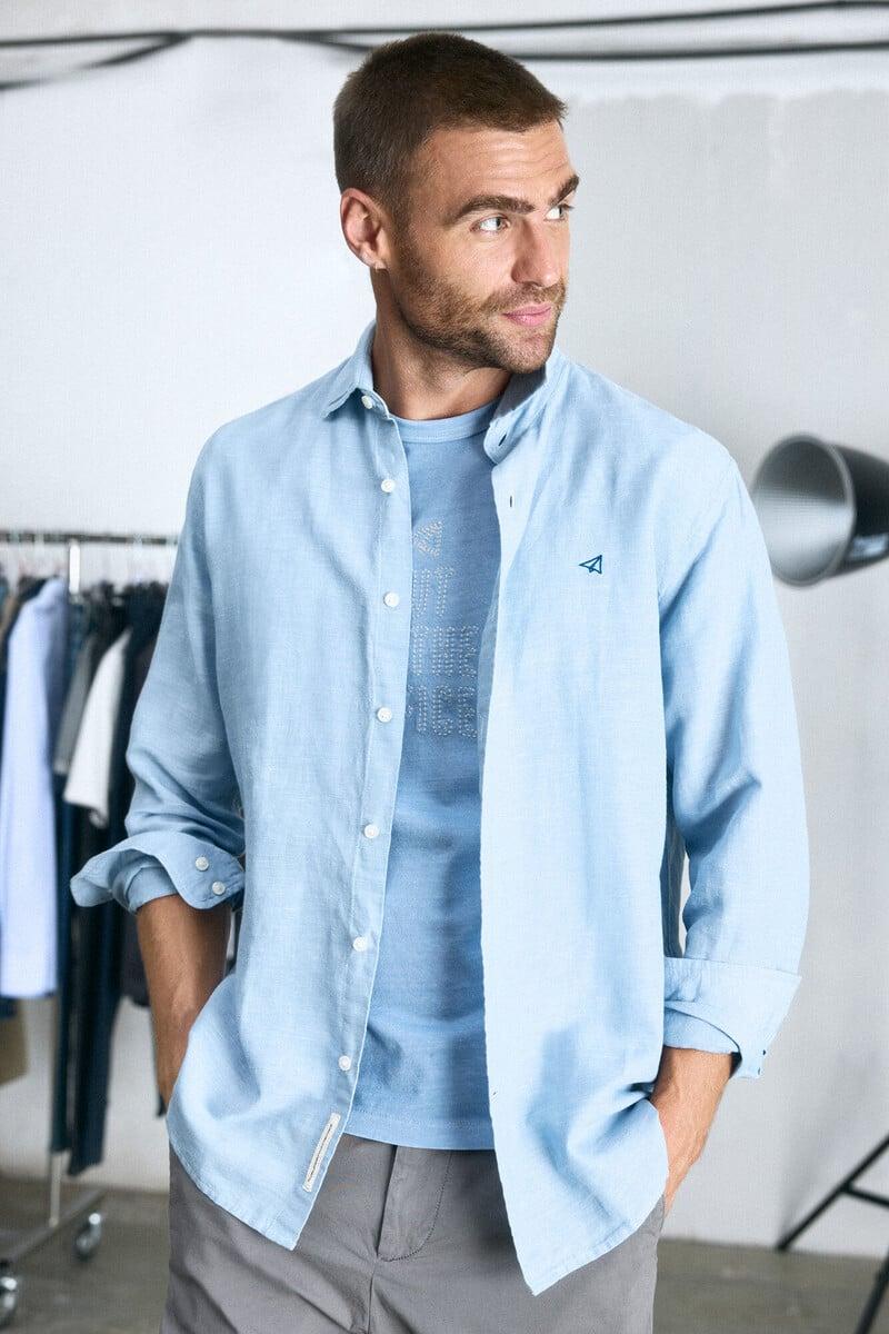 Cortefiel Camisa Algodón Lino Manga Larga