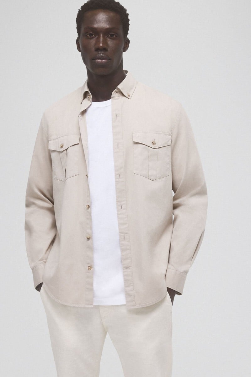 Cortefiel Camisa Gabardina Lisa Dos Bolsillos