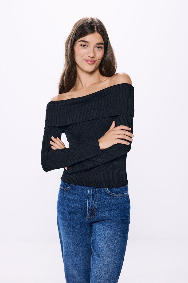 Cortefiel Camiseta canalé hombros descubiertos