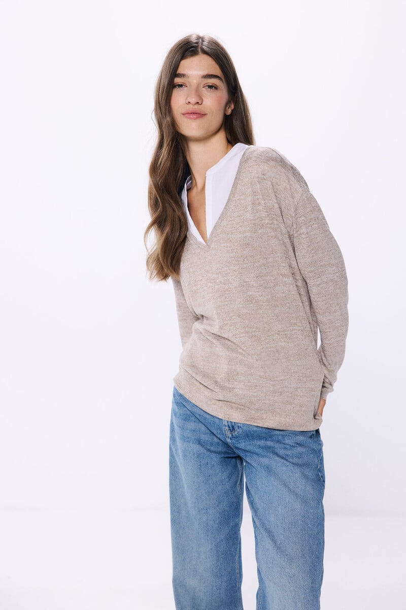 Cortefiel Camiseta combinada escote pico
