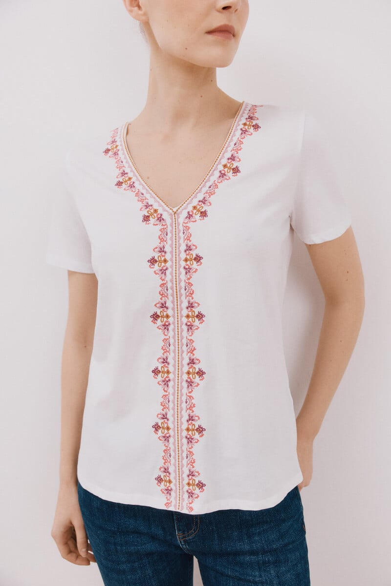 Cortefiel Camiseta Escote Pico Bordada