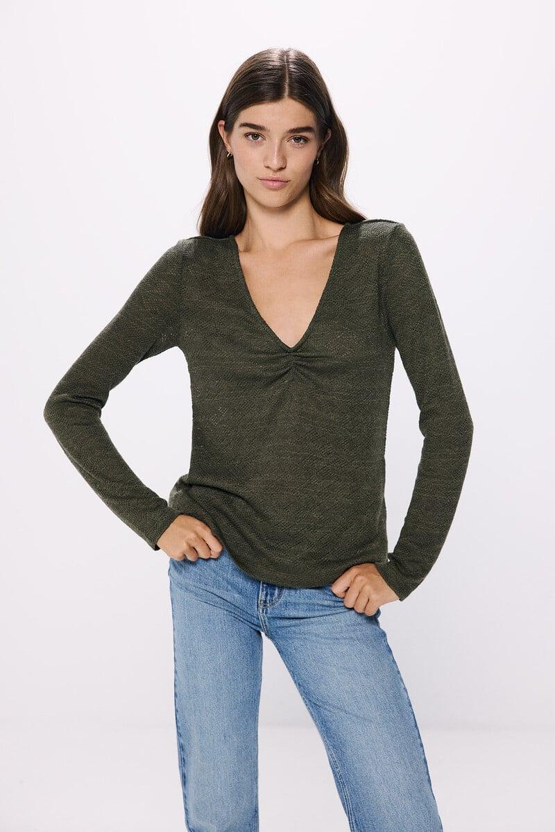 Cortefiel Camiseta escote pico frunces estructura