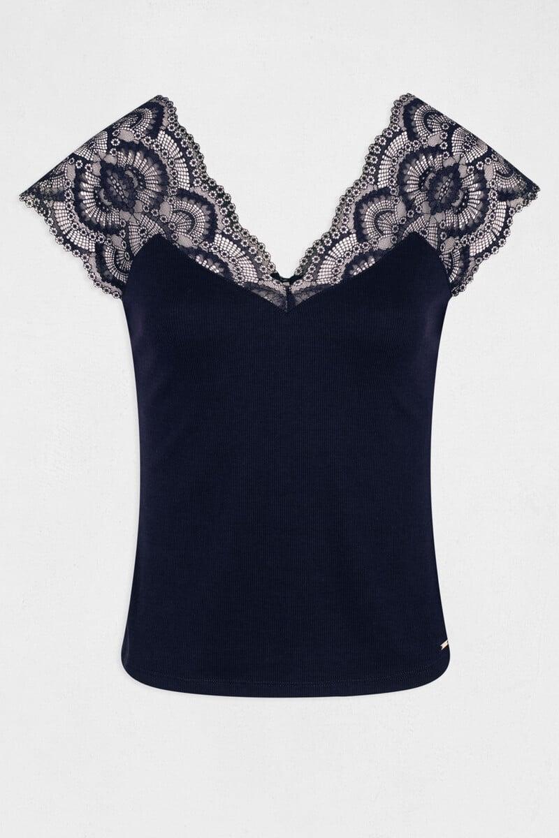 Cortefiel Camiseta Manga Corta Con Encaje