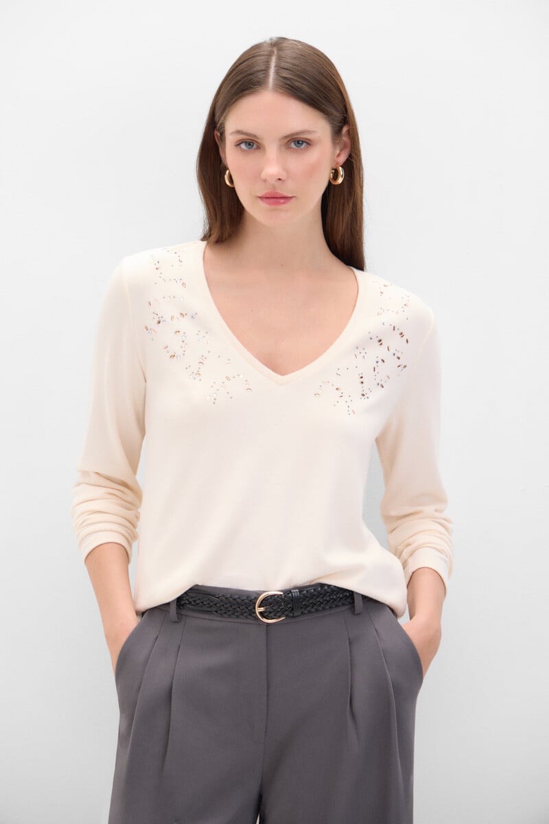 Cortefiel Camiseta Tacto Suave Strass