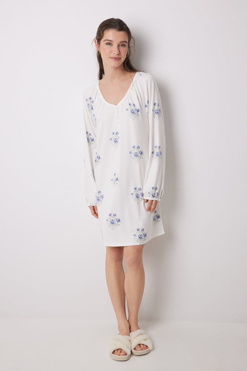 Cortefiel Camisón Largo Tejido Punto Suave Blanco