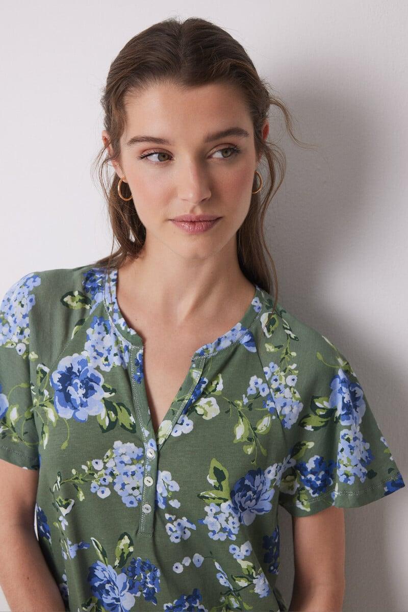 Cortefiel Camisón Midi 100% Algodón Verde Flores