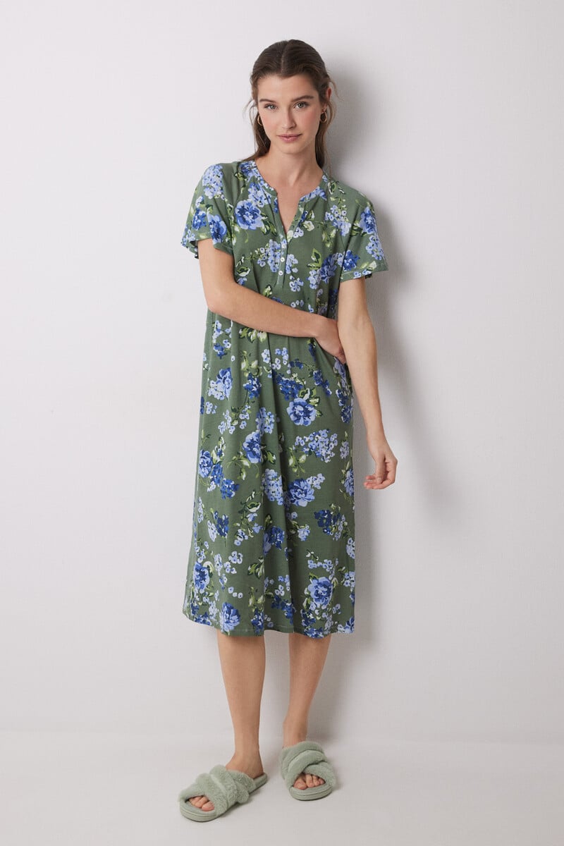 Cortefiel Camisón Midi 100% Algodón Verde Flores
