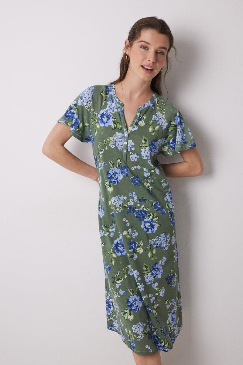 Cortefiel Camisón midi 100% algodón verde flores