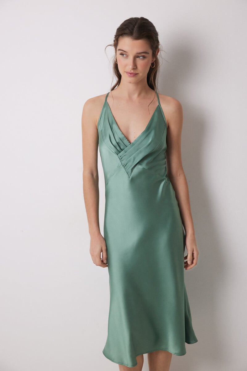 Cortefiel Camisón Midi Satén Verde