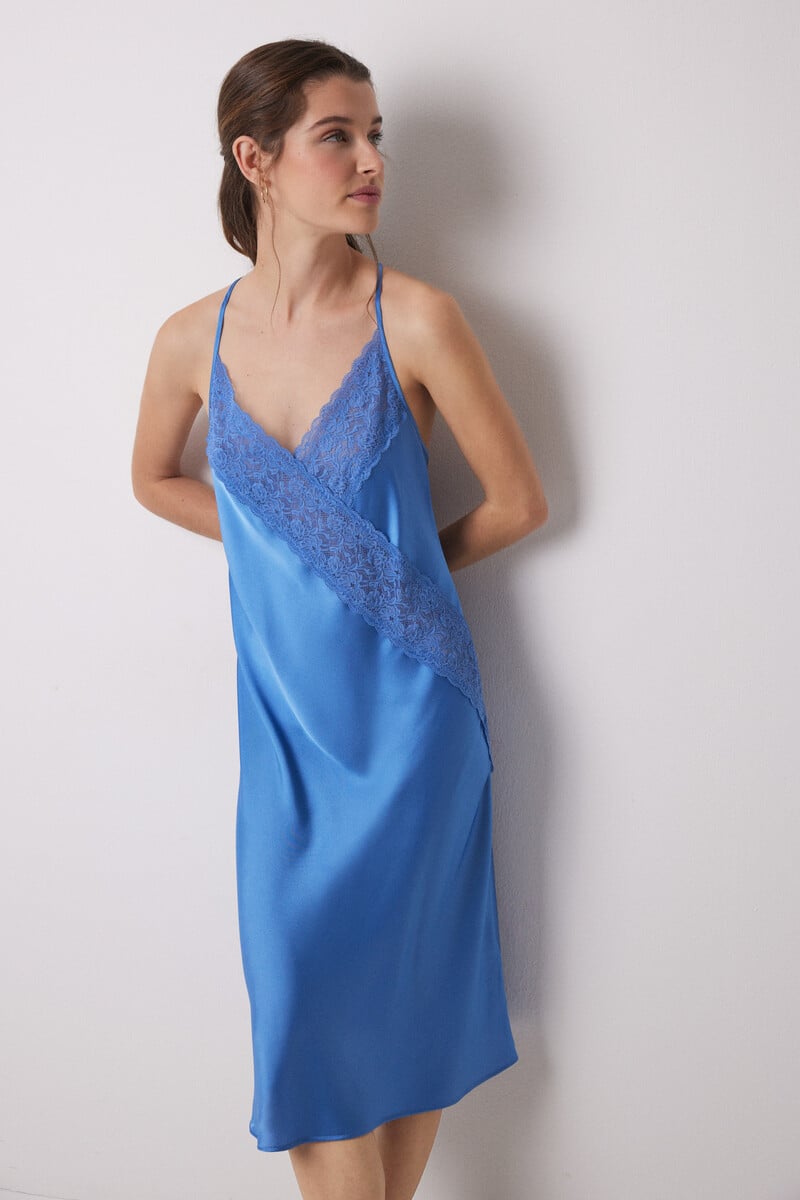Cortefiel Camisón Midi Satén Y Encaje Azul