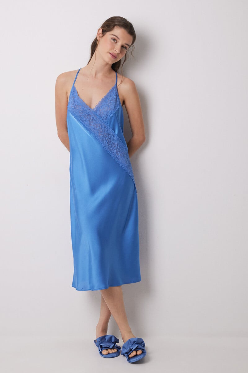 Cortefiel Camisón midi satén y encaje azul