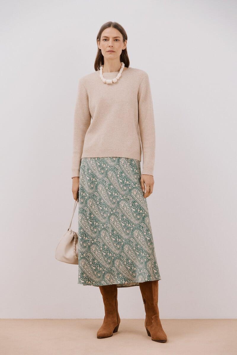 Cortefiel Falda Midi Satinada Estampada