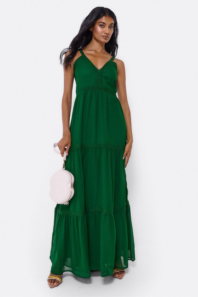 Cortefiel Maxi Vestido Tirantes Encaje Algodón