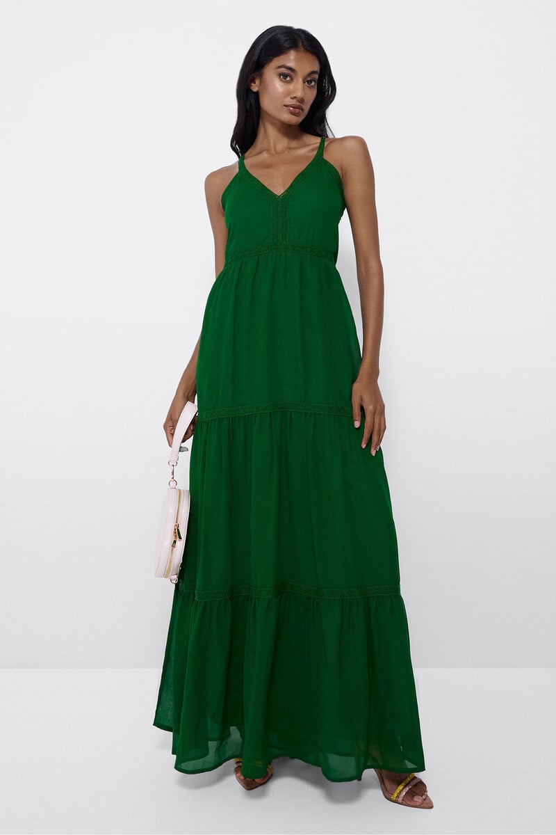 Cortefiel Maxi vestido tirantes encaje algodón